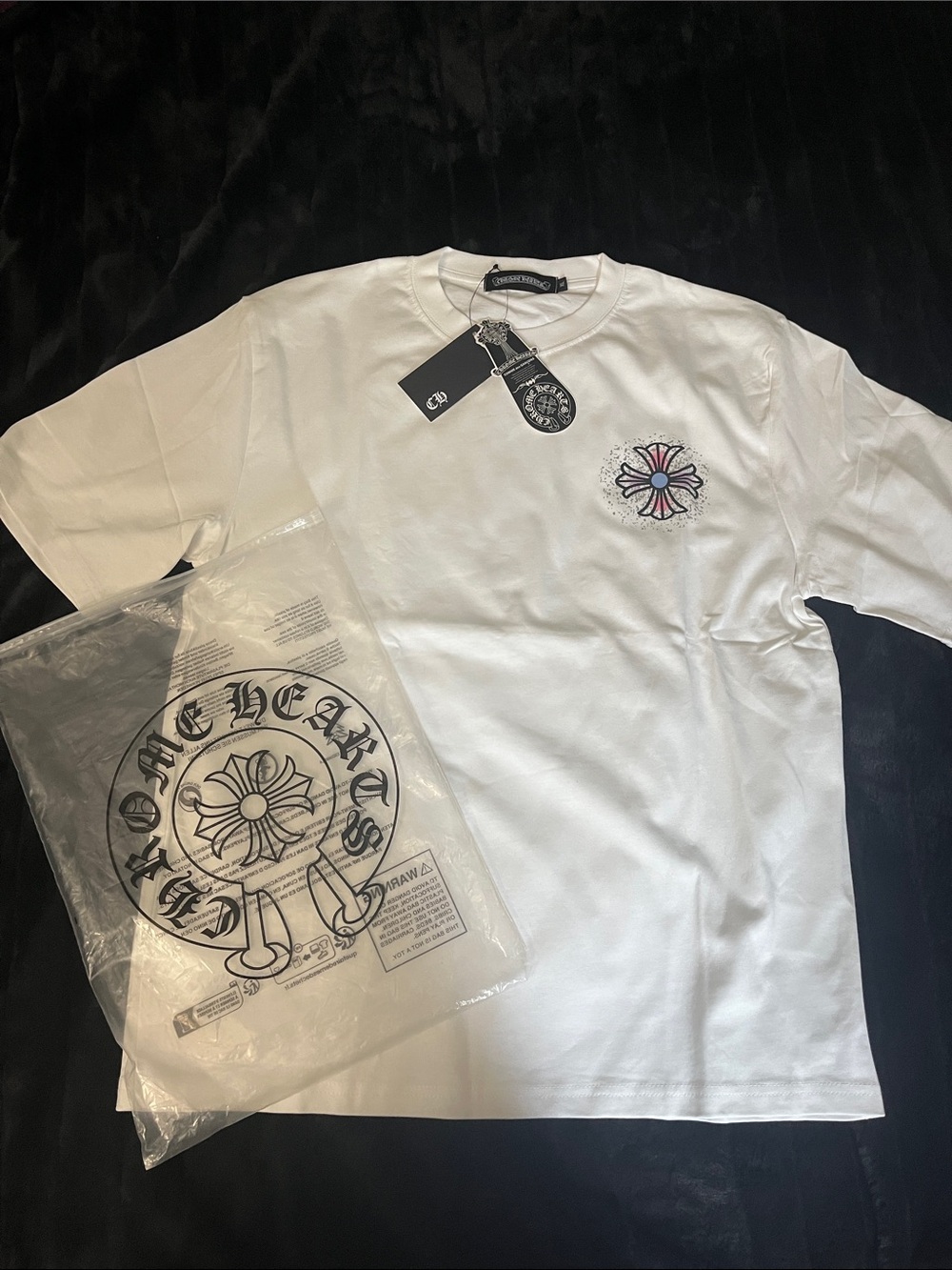 Chrome Hearts White Tee with Pink-Accented Cross Flower Chest Logo